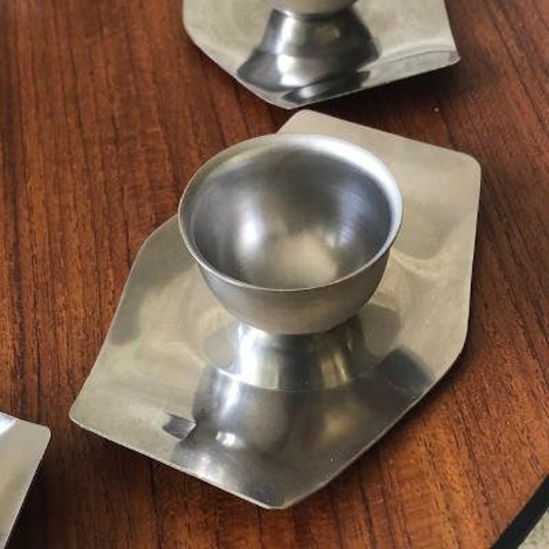 Mid Century Modern Stainless Steel Egg Cups with Attached Under Plate, Scandinavian Modern, 1970s image 6