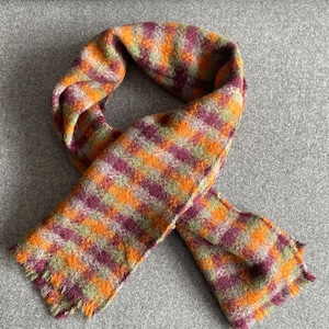 Vintage Mulberry Company Mohair Wool Scarf Featuring a Plaid Pattern in Awesome Retro Colors of Orange, Green, Blue and Mulberry, c. 1970