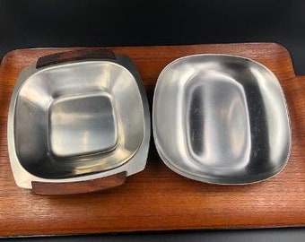 Mid Century Modern Stainless Steel Serving Dishes by Selandia and WMF Germany, Teak Handles, Scandi Style, 1960s