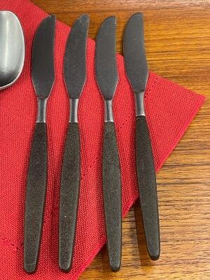 Mid Century Black Handle Flatware, 4 Spoons and 4 Knives