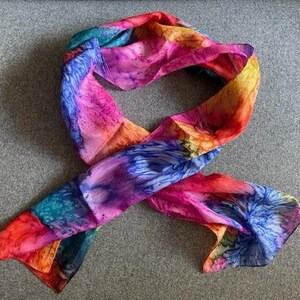 Vintage Silk Scarf, Vibrant Multi Colored Tie Dye, Boho Style, Hand Rolled Edges