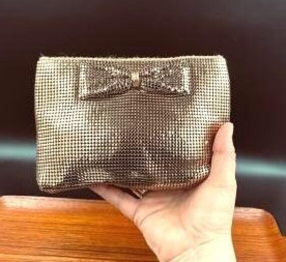 Vintage Gold Mesh Clutch or Crossbody, Bow Accent… - image 5
