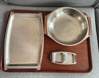 Mid Century Stainless Steel and Teak Serving Dishes Set, 3 Pieces, Scandinavian Design, 1960s - 1970s