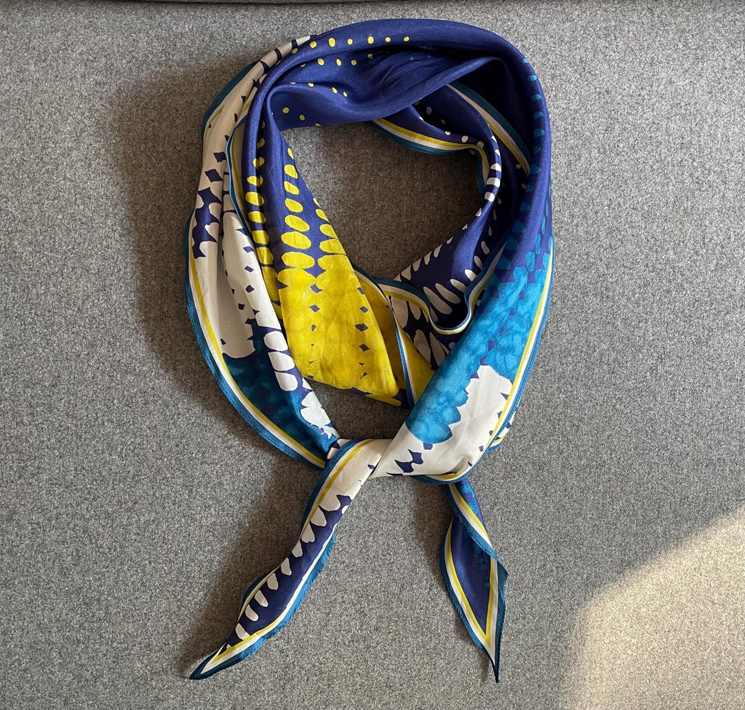 Vintage Silk Scarf, Rectangular Wing Tips Shape, Featuring Blue and ...