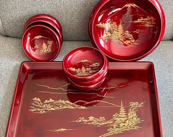 漆器盆セット 赤地 金色扇模様 3点セット 16点セット 日本製漆器 赤と金の手描きセット - Etsy 日本