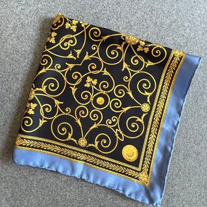 Carlisle Collection Silk Scarf, Blue and Gold European Design, 21.75” Inches Square, Hand Rolled Edges