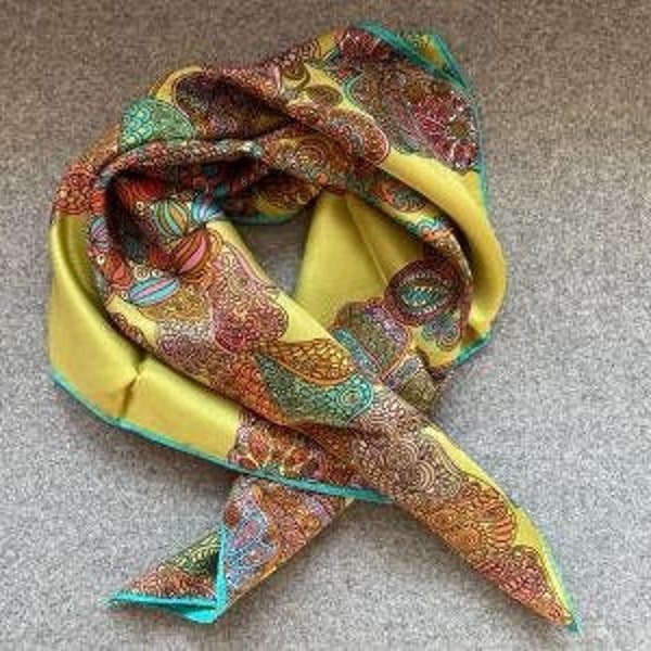 Vintage Mid Century Scarf, Mod Psychedelic Butterfly Pattern in Avocado, Teal, Orange and Pink, 1960s