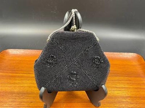 Vintage Black Beaded Handbag or Clutch, Pristine Condition, Hand Made in Japan with Italian Glass Beads, Sarne Import, 1960s