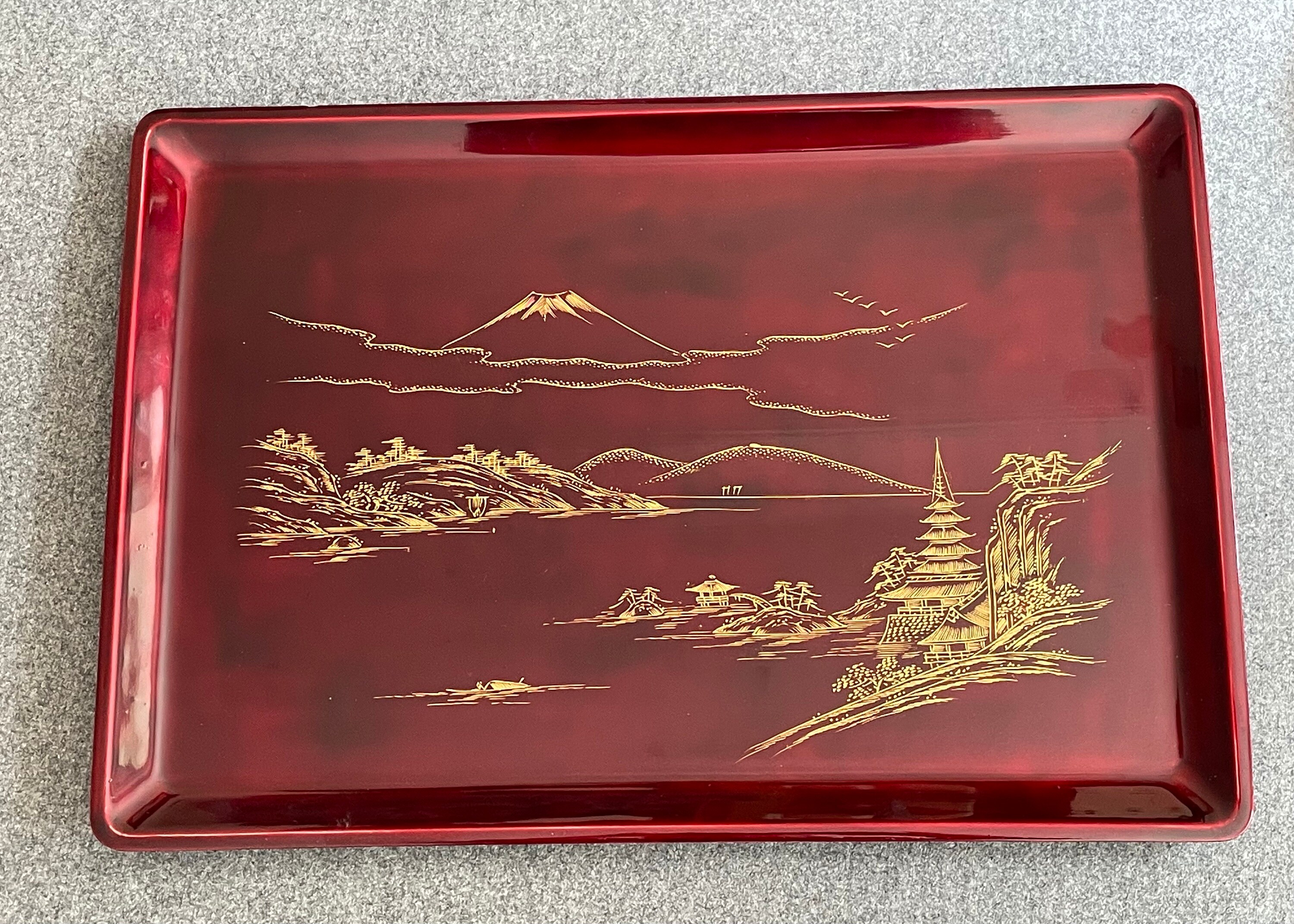 Vintage Japanese Lacquerware Salad Bowl Set With Matching Tray