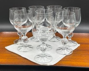 Vintage Bohemia Crystal Wine Glasses, 5.75 Inches Height, Ball Stem and Faceted Foot, Claudia Pattern, Set of 8, Czechoslovakia, 1980s