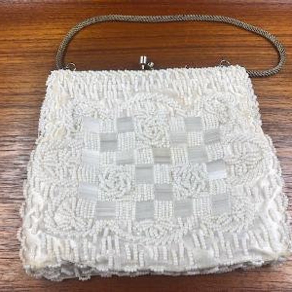 Vintage White Beaded Handbag by Mister Ernest, Glass Micro Beads and Baguettes, Checkered Pattern With Roses, 1960s