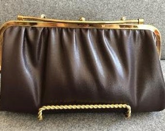 Vintage Mid Century Brown Leather Clutch with Elegant Goldtone Closure, 1960s