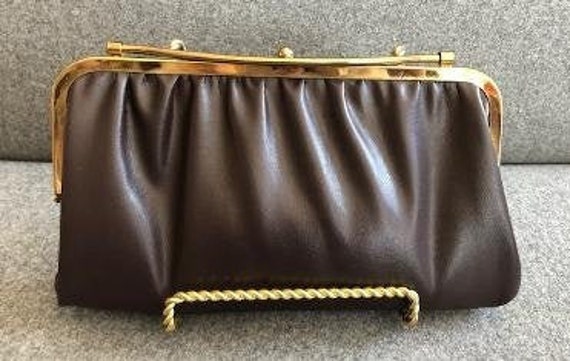 Vintage Mid Century Brown Leather Clutch with Ele… - image 1