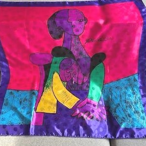 Vintage Picasso Scarf, Cubist Woman Sitting or Femme Assise, 34 inches square, Rich Bright Colors, Made in Korea