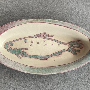 Large Ceramic Oval Platter with Handles, Fish Design, Hand Thrown and Hand Painted Art Pottery, 19 by 9.5 Inches, Artist Signed