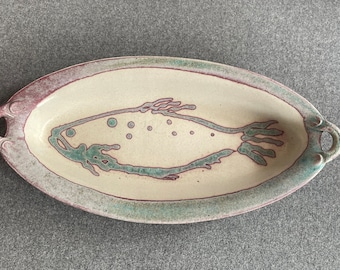 Large Ceramic Oval Fish Platter with Handles, Hand Thrown and Hand Painted Art Pottery, 19 by 9.5 Inches, Artist Signed