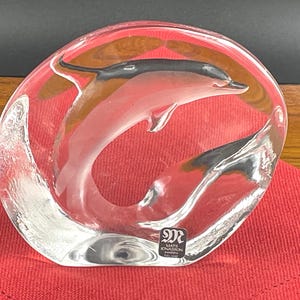 Vintage Mats Jonasson Crystal Paperweight by Maleras Glasbruk, Dolphin Design, Made in Sweden, Original Label, Scandi Style Home Decor