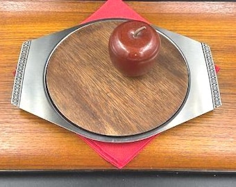 Mid Century Stainless Steel & Wood Cheese Board, Charcuterie Tray, Scandinavian Design, 1960s
