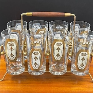 Mid Century Highball Glasses and Brass Caddy, Wood Handle, Set of 8 Glasses with Gold Crown and Fleur de Lis Pattern on White Panels, 1960s