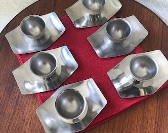 Mid Century Modern Stainless Steel Egg Cups with Attached Under Plate, Scandinavian Modern, 1970s