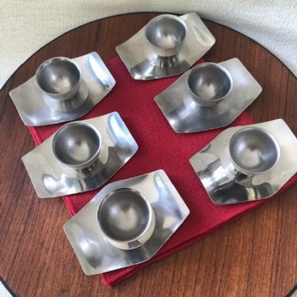 Mid Century Modern Stainless Steel Egg Cups with Attached Under Plate, Scandinavian Modern, 1970s