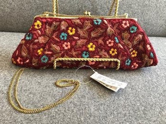 Evening Clutch Bag With Silk, Glass Beads & Embroidered Gold