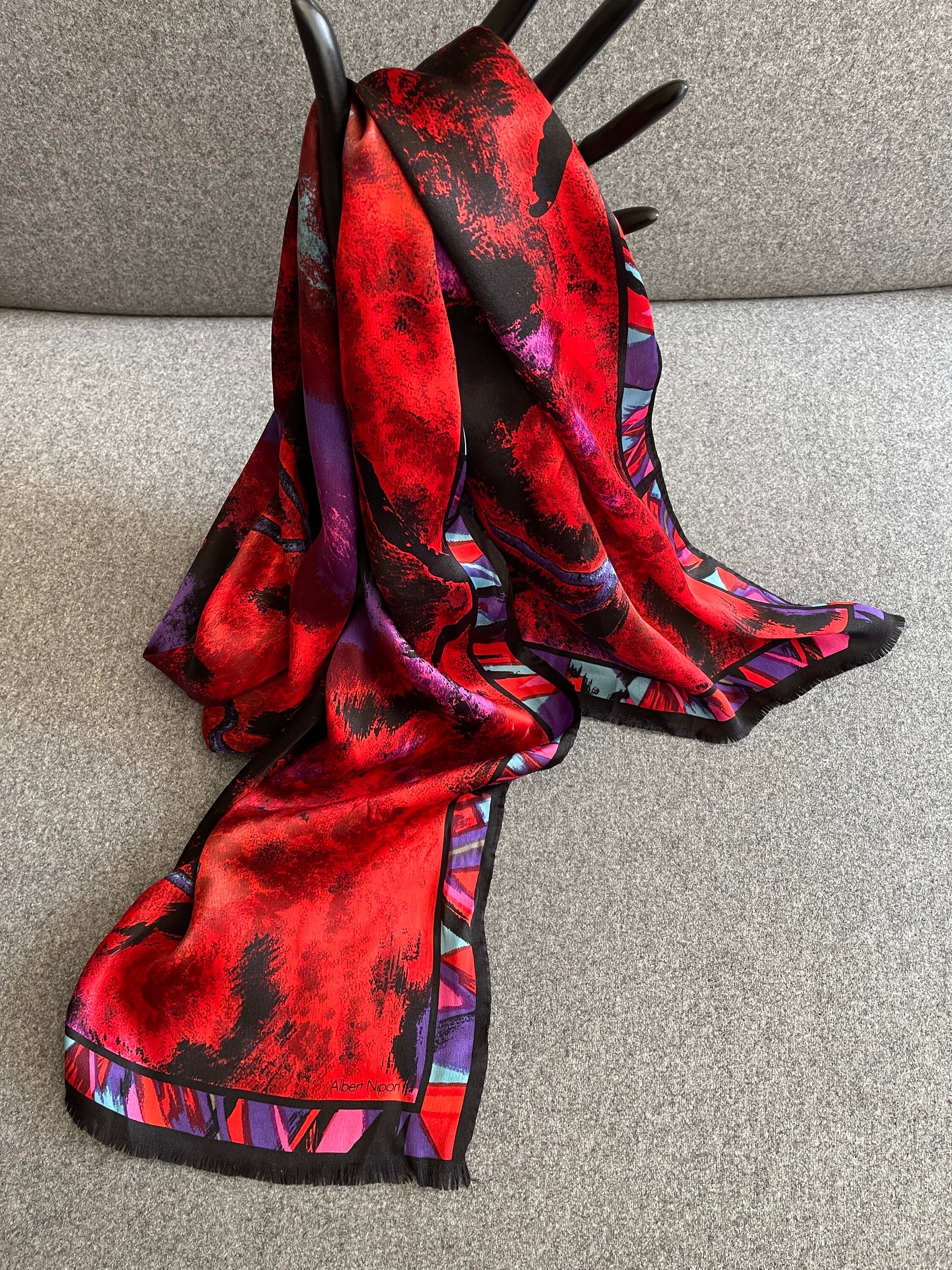 Vintage Albert Nipon Silk Scarf, Saturated Colors of Red