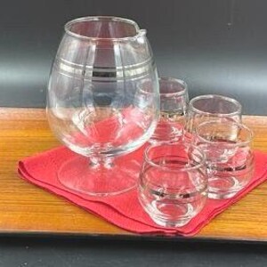 Mid Century Cocktail Set, includes Decanter with 4 Roly Poly Glasses with Silver Banding, Decanter with Brandy Snifter Shape,  1960s