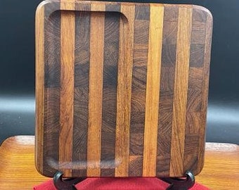 Vintage Teak Cheese Board, Charcuterie Board by Kalmar, Alternating End Grain Creating Stripes, Scandinavian Design, 1960s - 1970s