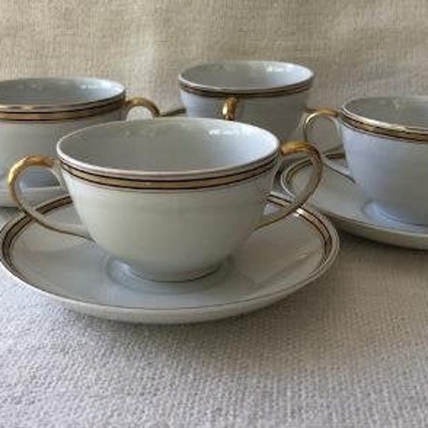 Vintage Set of 4 Double Handled Cream Soup Bowls and Saucers, Johnson Bros, Made in England, 1950s Dinnerware