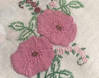 Vintage Linen Tablecloth with Embroidery and Appliqué Flowers in Pink and Yellow, 33 inches Square, Excellent Quality Handiwork