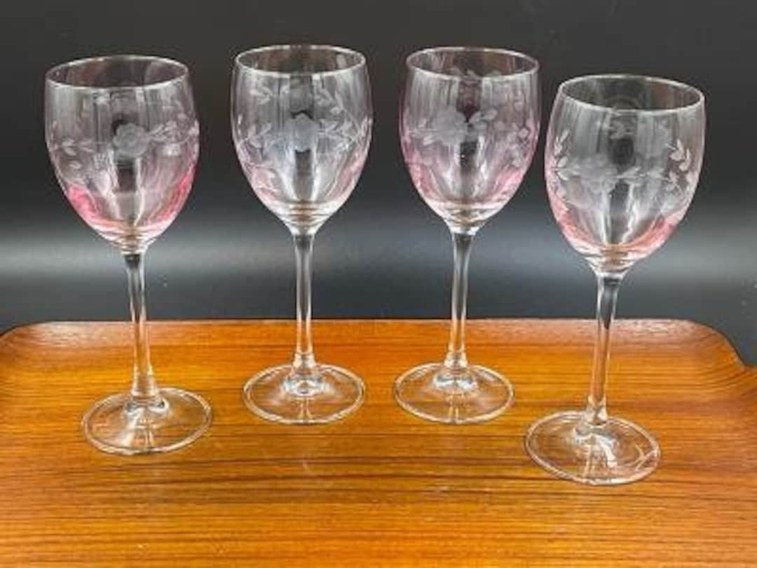 Vintage Etched Pink Wine Glasses Floral Pattern Soft Subtle Etsy
