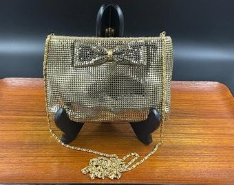 Vintage Gold Mesh Clutch or Crossbody, Bow Accent, Long Gold Chain Removable, 1970s Fashion, Whiting & Davis Style