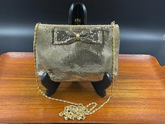 Vintage Gold Mesh Clutch or Crossbody, Bow Accent… - image 1