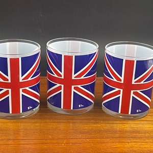 ヴィンテージ セラ グラス ユニオン ジャック カクテル グラスまたはロック グラス、英国国旗柄、3 個セット、ラージ サイズ、入手困難