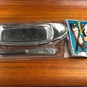 Mid Century Stainless Steel and Teak Butter Dish with Knife by Nevco in Original Package, Scandi Style, 1968