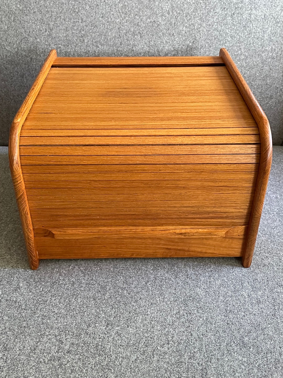 Mid Century Teak Tambour Roll Top Storage Box, Desk Top Organizer
