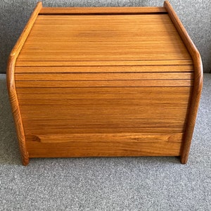 Mid Century Teak Tambour Roll Top Storage Box, Desk Top Organizer, Divided Interior, Mid Mod Style, 1960s - 1970s