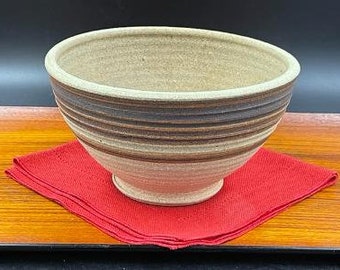 Vintage Art Pottery Bowl, Stoneware, Unglazed with Ribbed Exterior and Brown Stripes, Earth Tones