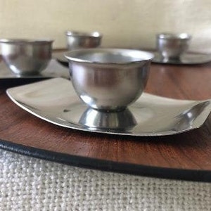 Mid Century Modern Stainless Steel Egg Cups with Attached Under Plate, Scandinavian Modern, 1970s image 3