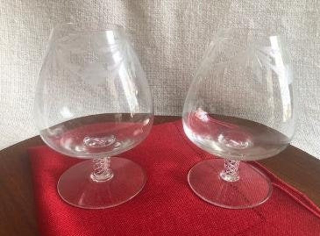 Vintage Etched Crystal Brandy Glasses or Snifters With Air Twist Stems