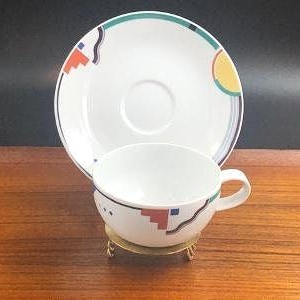 Vintage Studio Nova Orbit Cup and Saucer,  Multicolor Deco Style, Triangles and Circles, 1980s to 1990s