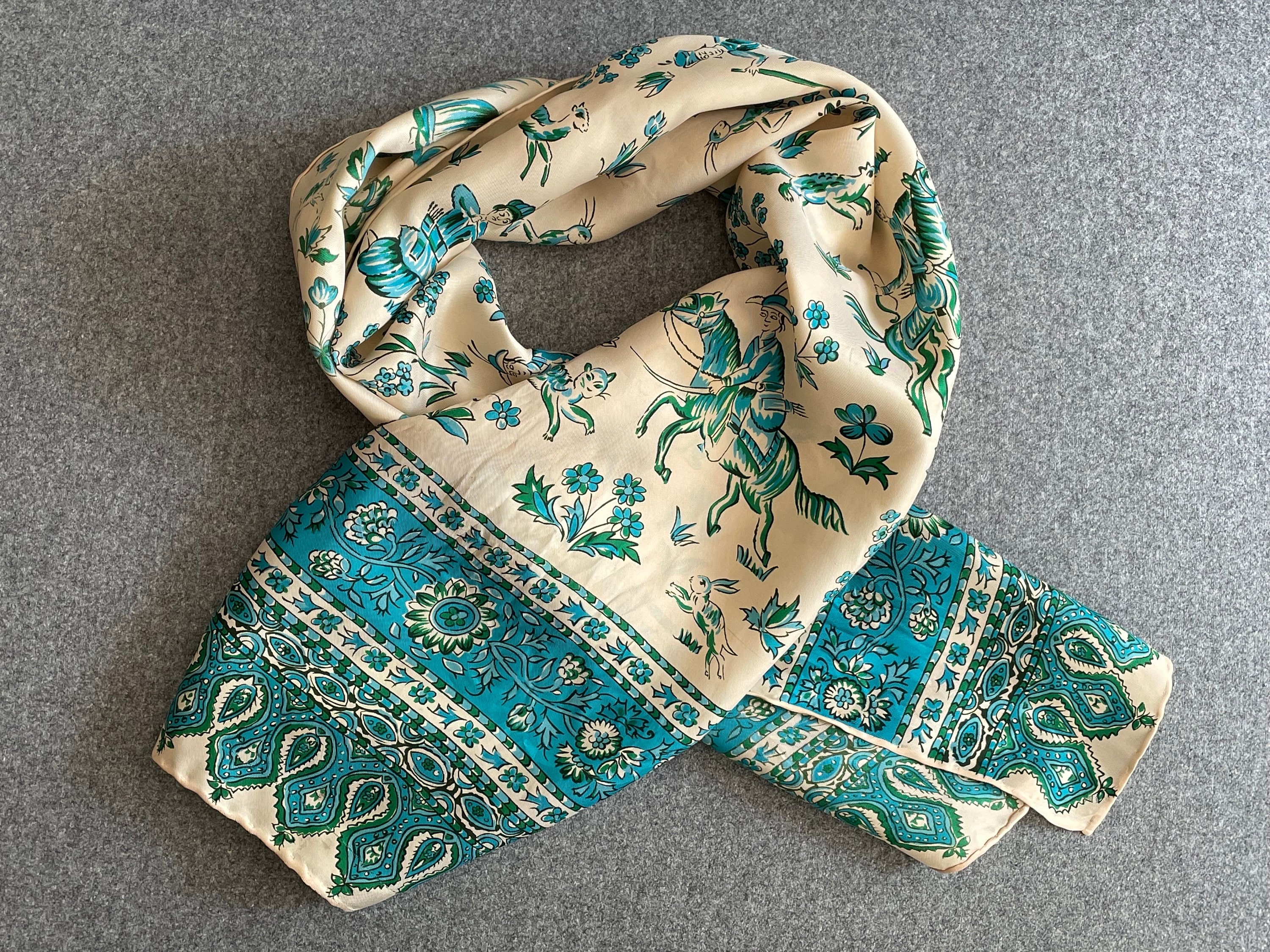 Vintage Silk and Rayon Scarf by Glentex, Hunt Scene in Turquoise