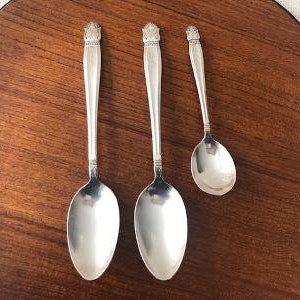 Danish Princess Serving Spoons by Holmes & Edwards, Set of 3, Monogrammed R,  Silver Plate, Sterling Silver Inlaid, 1938, Art Deco Style