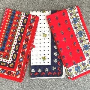 Vintage Italian Cotton Handkerchiefs, Set of 3, in Mediterranean Style Floral Patterns in Red, White and Blue, Large Size, 20 Inches Square