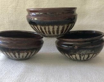 Vintage Studio Art Pottery Set of 3 Bowls, Signed by artist Staub, dated 1981, Serving Bowls, Charcuterie Board Bowls