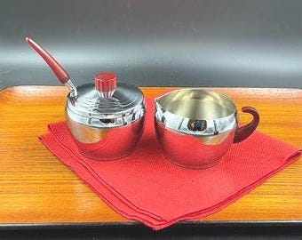 Vintage Chrome and Red Bakelite Cream and Sugar Set by Glo Hill with Matching Spoon, 1960s