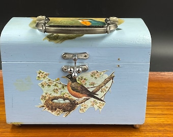 Vintage Wooden Handbag, Annie Laurie Style, Decoupage Design Featuring Birds and Velvet Interior, Metal Top Handle, 1970s