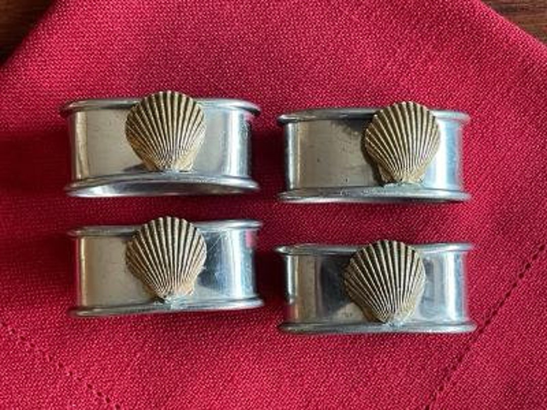 Vintage Pewter Napkin Rings With Applied Brass Seashell Design, Set of