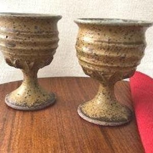 Brutalist Studio Art Pottery Footed Cups, Set of 2, Speckled Glaze in Mustard and Brown, Mid Century Style Pottery, 1970s, Gift Basket Item